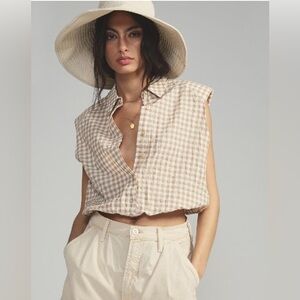 Maeve by Anthropologie Gingham Button Front Blouse Tan White 2X Plus Size